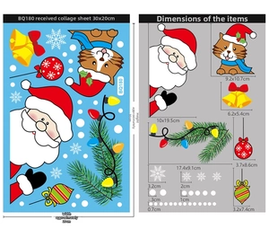 Detailed size specifications for Santa and elk static window stickers showing measurements