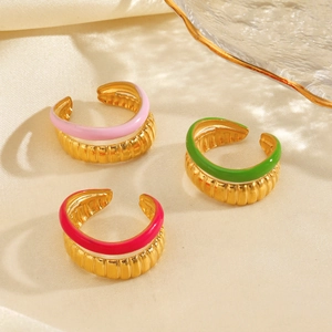 Adjustable Open Ring Stainless Steel Enamel Drip Oil Double Layer Textured Minimalist Geometric Jewelry For Women