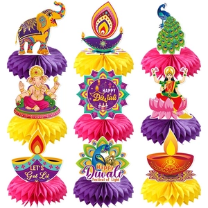 9Pcs Diwali Honeycomb Centerpieces For Table Decoration Indian Festival Of Lights Party Supplies Elephant Diya Paper Decor