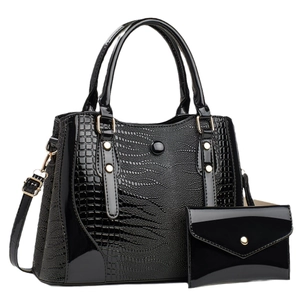 Elegant black crocodile embossed patent leather tote bag with matching envelope wallet set