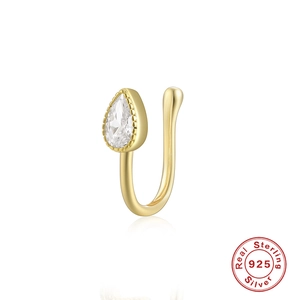 925 sterling silver gold nose cuff with water drop cubic zirconia on white background