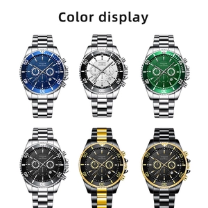 Men's quartz business watch in six colors with stainless steel strap and calendar