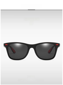 Front view of black polarized sunglasses with red accents and classic large square frame