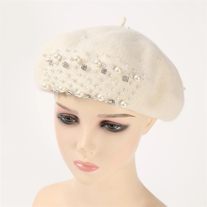 Elegant off-white cashmere beret for women with pearl and rhinestone embellishments