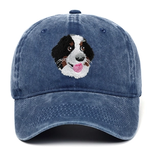 Gros plan détaillé de la broderie de Bouvier bernois sur une casquette de baseball délavée