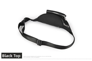 Top view of multi-layered black waterproof nylon waist bag with silver zippers