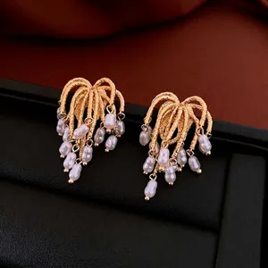 18k gold plated tassel earrings with baroque pearls on textured branch design