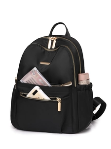 Fashionable black nylon backpack for women with gold zippers and large capacity storage