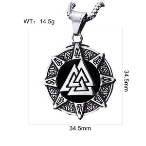 Detailed view of silver Viking Valknut pendant with rune symbols and 34.5mm size specs