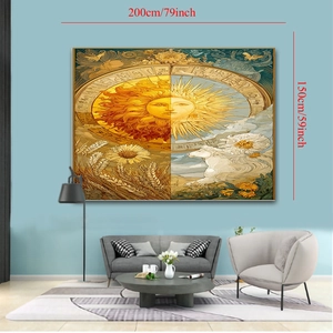 Detail view showing a 200x150cm celestial sun tapestry hanging over a modern sofa