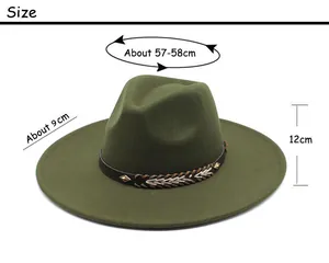 Size chart showing 57-58cm circumference and 9cm brim for the wool jazz fedora hat