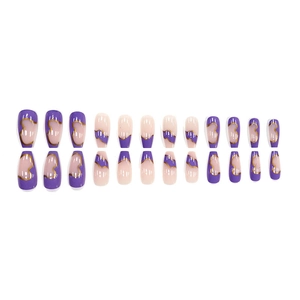 Long trapezoid press-on nails in purple and pink with gold wavy pattern designs