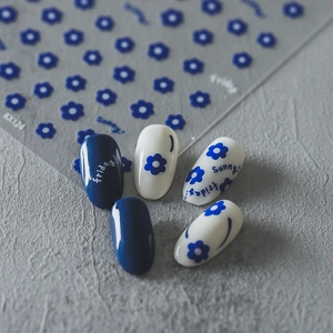 5D thin transparent nail stickers with blue floral designs and Friday text decals