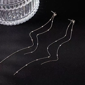 Elegant silver long tassel chain drop earrings with sparkling rhinestones for women