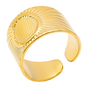 Detailed close-up of golden stainless steel ring featuring radial texture and grid design