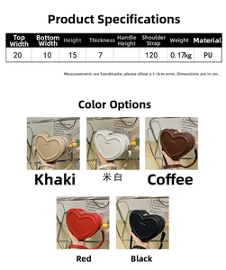 Tableau des tailles et sélection de couleurs de sacs à bandoulière en cuir PU en cœur