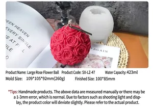 Especificaciones de tamaño del molde de silicona para velas de bola de rosa grande y jabón