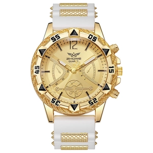Detail of ZHOWE quartz watch featuring gold dial and white silicone strap with metal accents