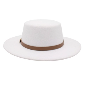 Elegant white wool felt boater hat with a brown leather decorative band for women