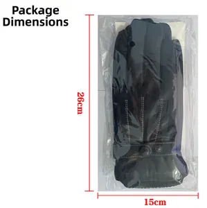 Detail of black thermal PU leather gloves in packaging showing 26cm x 15cm size dimensions
