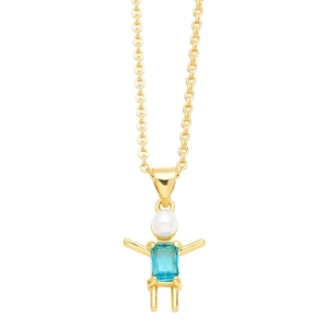 Golden necklace with person pendant featuring a pearl head and blue gemstone body