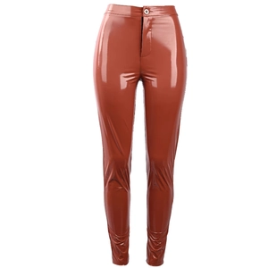Pantalon slim femme taille haute en simili cuir verni marron rouge à effet miroir