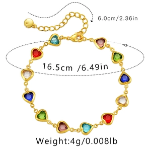Detail view of heart-shaped colorful acrylic bracelet with 18K gold plated chain and sizes