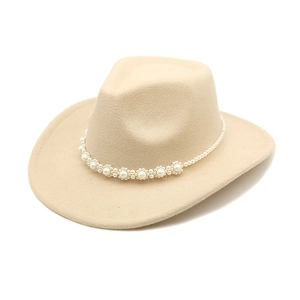 Beige wide brim wool felt cowboy hat with elegant pearl flower band for women