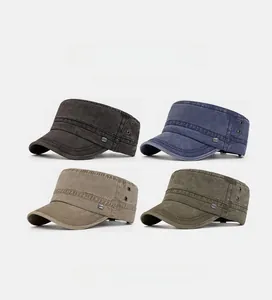 Detailed grid showing four colors of men's washed cotton flat top military caps with side eyelets