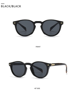 Detailed front and side view of retro black acetate sunglasses with silver metal rivets