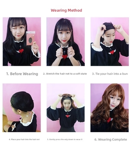 Step-by-step tutorial for wearing long curly brown synthetic wig with hair net guide