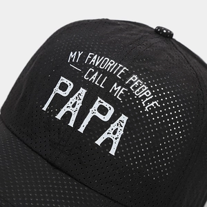 Close-up of black breathable mesh baseball cap with My Favorite People Call Me Papa print