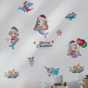 Detail of Christmas mermaid wall decals with colorful sea creatures and festive ornaments