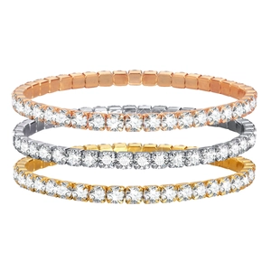 Three-piece set of adjustable elastic tennis bracelets in gold, silver and rose gold finishes