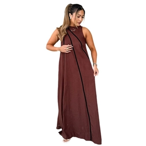 Women's brown sleeveless loose maxi dress with minimalist black diagonal stripe patterns