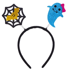Detail of Halloween headband with glitter bat in cobweb and blue ghost on springs