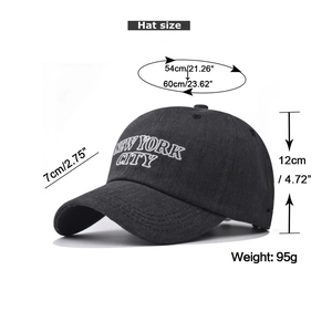 Detailed dimensions of washed cotton baseball cap with New York City embroidery