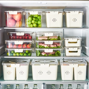 Stackable transparent food-grade fridge storage boxes with lids and drain baskets