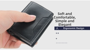 Close-up of black lychee leather card holder with side lever and minimalist stitching