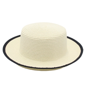 Classic cream boater hat with black trim edge and elegant woven texture for women