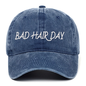 Casquette de baseball ajustable en coton délavé bleu avec broderie BAD HAIR DAY pour plein air