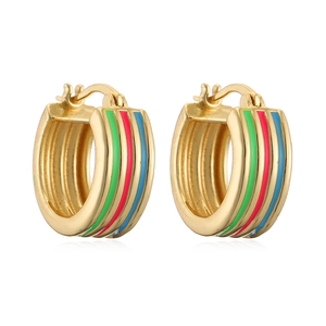 Golden hoop earrings with colorful green, red, and blue enamel stripes in a U-shape