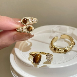 Retro Tiger Eye Stone Zircon Open Ring 18K Gold Plated Adjustable Finger Jewelry Versatile Light Luxury For Women