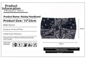 Detailed size specifications for a paisley elastic headband showing 15x25cm dimensions