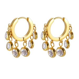 Elegant gold earrings with five dangling cubic zirconia stones on white background