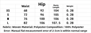 Detailed size chart for satin finish trousers showing waist and hip measurements in cm