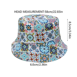 Detailed size guide of Bohemian bucket hat showing head circumference and brim height