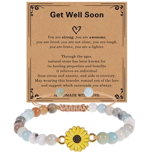 Red wood grain stone bracelet with sunflower charm and Get Well Soon message card