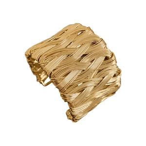 Vintage gold twisted woven open bangle bracelet with intricate metallic mesh pattern
