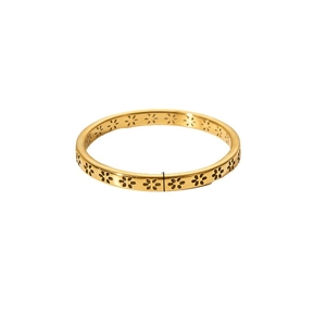 Minimalist gold hollow flower ring made of durable stainless steel on white background